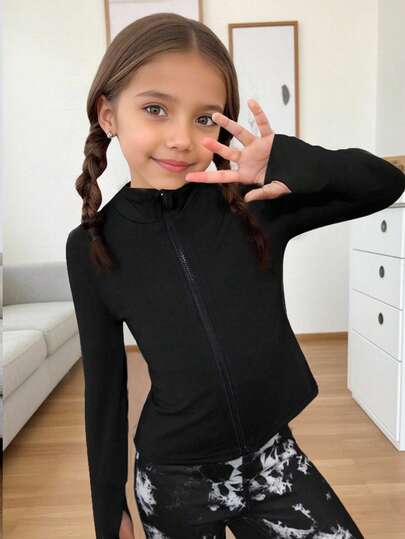 SHEIN Niñas jóvenes Camiseta deportiva de manga larga con cremallera, ajustada, de punto de unicolor, chaqueta casual, camiseta elástica simple con cremallera frontal, cuello alto y mangas largas ajustadas para uso diario. Excelente para uso casual, diario y escolar, chaquetas escolares, otoño.