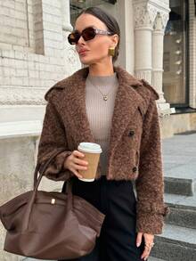 Lavishia 棕色圆形图案羊毛常规女式夹克秋冬女装 - 棕色 - 查看 4