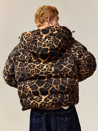 Street Life Men's Leopard Print Zip Front Drawstring Hooded Winter Jacket