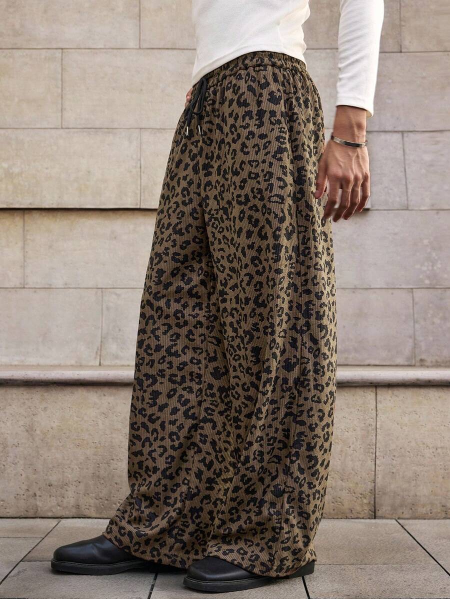 SWAVVY Men's Casual Fashion Street Corduroy Leopard Print Drawstring Waist Loose Wide Leg Pants, Fall/Winter