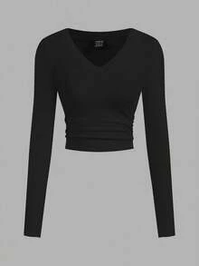 SHEIN EZwear 女款冬季黑白粉百搭色針織抓絨內裡V領收腰修身長袖打底衫休閒百搭T恤上衣 - 彩色 - 查看 5