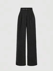 SHEIN MOD 女士宽松黑色条纹高腰直筒休闲裤秋冬女装 - 黑色 - 查看 1