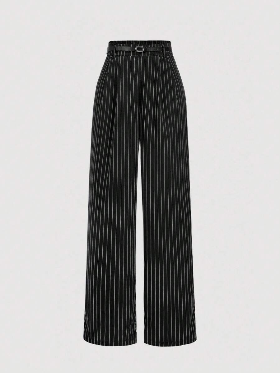 SHEIN MOD 女士宽松黑色条纹高腰直筒休闲裤秋冬女装 - 黑色 - 查看 1