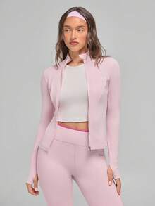 Fluxe Women's Slim Fit Zip-Up Long Sleeve T-Shirt, Soft Stretch Fabric, Stand Collar Design, Breathable And Comfortable Activewear Top - Pink - View 5