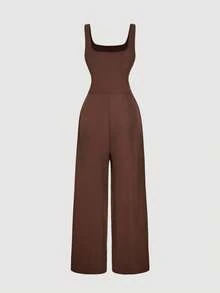 SHEIN MOD Women's Solid Color Minimalist Sleeveless Brown Contrast Trim Jumpsuit,Fall/Winter,Thanksgiving ,Women's Halloween Costume,Vintage,Elegant, Luxury ,New Year,Brown Jumpsuit,Office,Work,Old Money