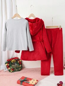 3 件套女童红色长袖睡袍、灰色雪人印花长袖上衣和裤子睡衣套装 - 彩色 - 查看 2