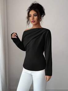 Elenzga Áo cánh dài tay xếp nếp lệch vai mới thu đông dành cho nữ - màu đen - Xem 5