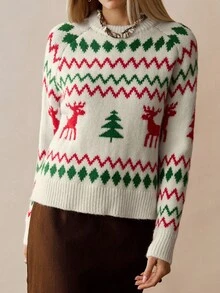Florisole Women's Casual Raglan Sleeve Christmas Tree Pattern Sweater, Autumn/Winter - Apricot - View 4