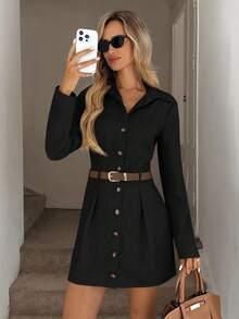 Easowa Button Front Long Sleeve Casual Loose Commuter Vintage Style Women Short Dress Button Up Shirt Dress Fall Dress Women Shirt Dress Long Sleeve Black Dress Casual Black Dress,Dresses For Women Elegant