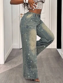 Slaydiva Women's Party Fashion Multi-Pocket Casual Loose Wide-Leg Rivet Denim Pants,Fall And Winter,Women's Halloween Jeans,Y2k Punk Rivet Jeans