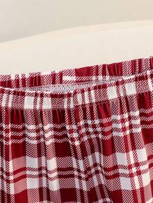 Dwuczęściowy świąteczny komplet piżamowy dla nastolatek, bluzka z nadrukiem pierników, z długim rękawem i okrągłym dekoltem oraz luźne spodnie w kratę, świąteczny strój w czerwoną kratę - Burgund - Zobacz 4