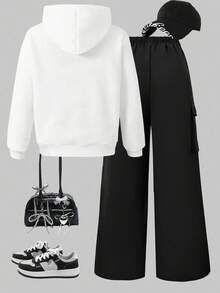 Sparklyn 2 件青少年字母印花连帽衫 + 美式绿色工装裤休闲街头套装，秋冬 - 黑與白 - 查看 2