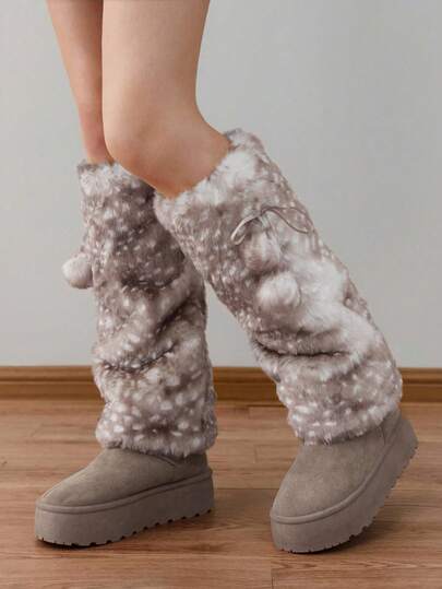 Fairycore 1 Pair Cute Fluffy Deer Design Leg Warmers, Y2K Fuzzy Pom Pom Thick Oversized Leg Warmers, Fashionable Slim Fit, Suitable For Everyday, Autumn/Winter, Holidays & Parties