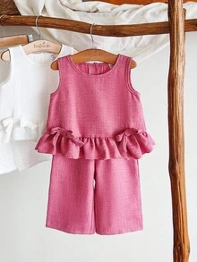 SHEIN Playful Pals 2件套女婴休闲可爱蝴蝶结无袖上衣和裤子套装 - 紅色 - 查看 5