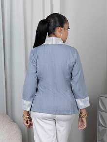 Melissa Matos Damska marynarka z długim rękawem w paski i patchworku, na co dzień i do pracy, zapinana na guziki, na jesień i zimę - Niebieski - Zobacz 2