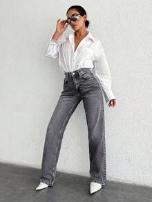 EURMUSE 100%Cotton High Waist Straight Leg Jeans PETITE - Grey - View 3