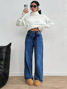 EURMUSE 女式休闲水洗高腰直筒牛仔裤 - 中等水洗藍 - 查看 3