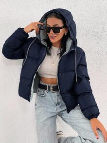 SHEIN Áo khoác hoodie ngắn dày có túi cho nữ mùa đông - Màu xanh hải quân - Xem 5