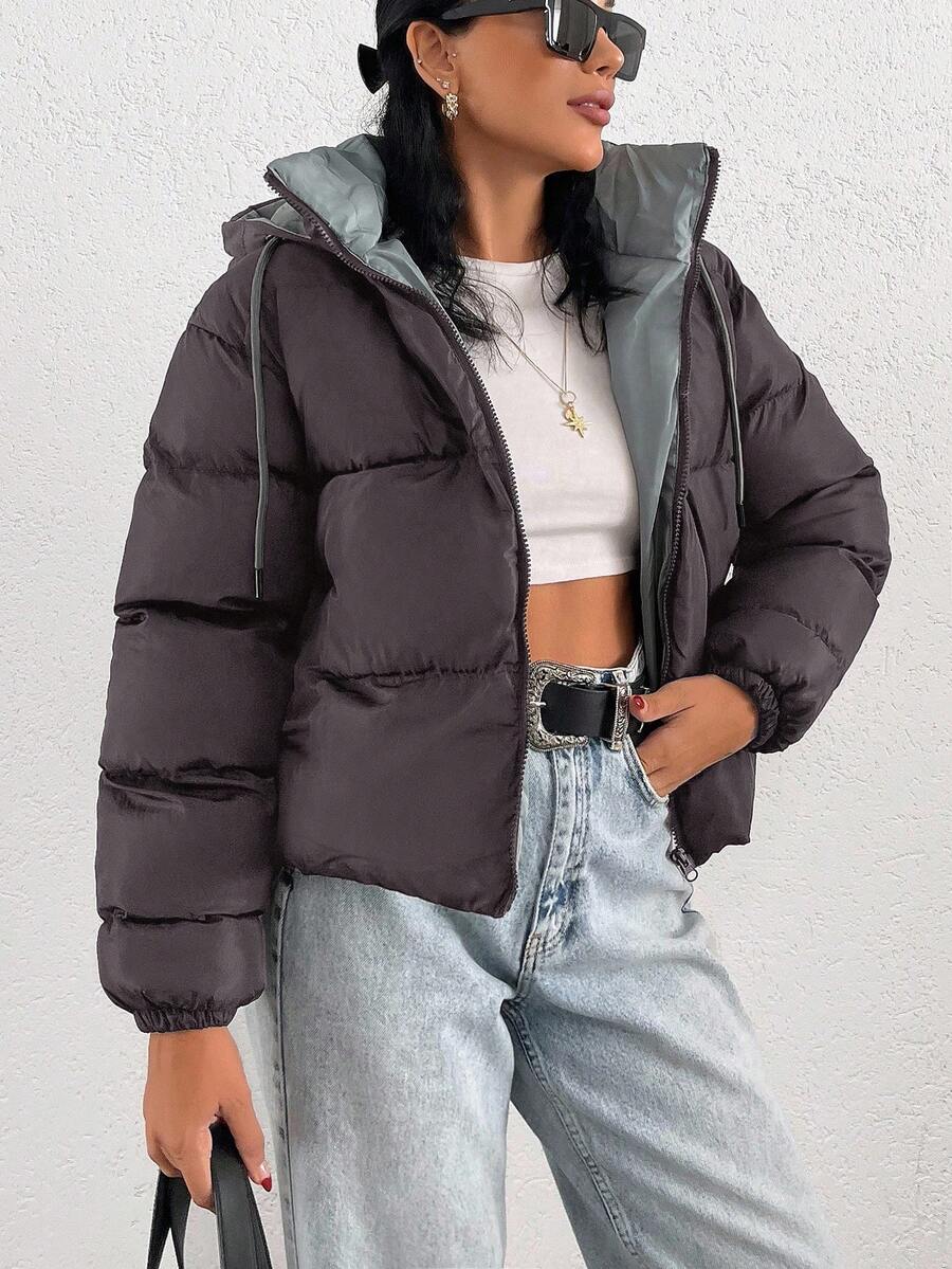 SHEIN 女式口袋厚短款连帽冬季外套 - 深灰色 - 查看 1