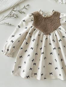 Cozy Pixies Baby Girl Butterfly Pattern Patchwork Fleece Contrast Color Ruffle Collar Long Sleeve Dress Fall Winter