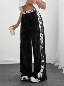 SHEIN 女式休闲日常牛仔印花拼接松紧腰裤