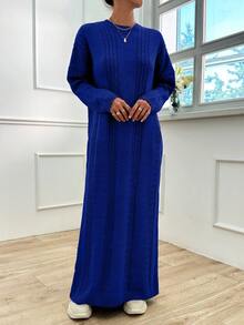 EURMUSE 女式休闲宽松落肩针织毛衣连衣裙，带绞花针织图案，秋冬 - 寶藍色 - 查看 4