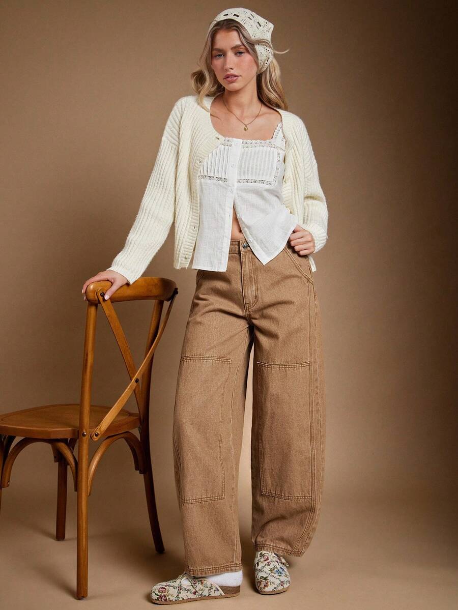 WESTFADE 中腰宽松筒形裤腿棉混纺牛仔布实用牛仔裤 秋季，秋季，冬季 - 棕色 - 查看 1