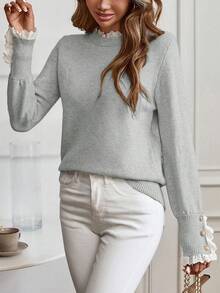 EMERY ROSE Women's Casual Lace Trim Round Neck Long Sleeve Sweater, Autumn/Winter - Light Grey - View 6