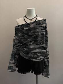 Attitoon Casual Minimalist Street Punk Style Grey-Green Camouflage Allover Print Y2K Women Oblique Shoulder Sweatshirt, Casual & Simple, Suitable For Fall/Winter - Multicolor - View 1