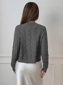 SHEIN PETITE 女士休闲纯色纽扣前开衫，秋冬 - 深灰色 - View 2