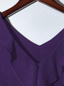 GlowEve Women's Solid Color Ruffle V-Neck Elegant Short Sleeve Blouse - Purple - View 5