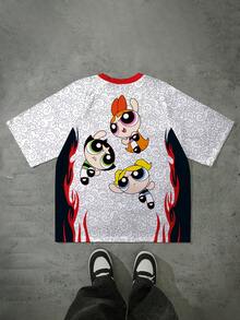 THE POWERPUFF GIRLS X SHEIN 女式休闲时尚街头卡通火焰印花 V 领撞色边 T 恤，夏季 - 白色 - 查看 1