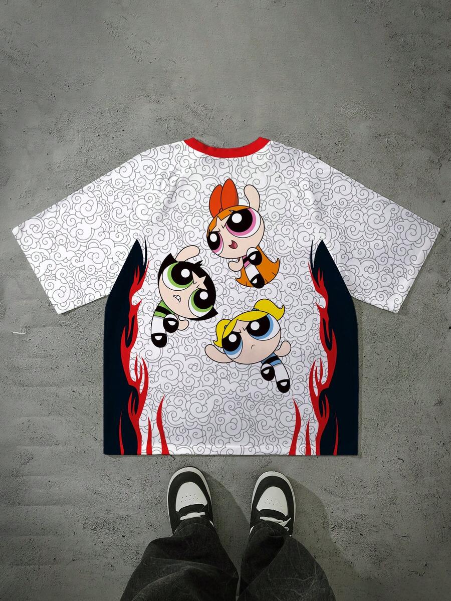 THE POWERPUFF GIRLS X SHEIN 女式休闲时尚街头卡通火焰印花 V 领撞色边 T 恤，夏季 - 白色 - 查看 1