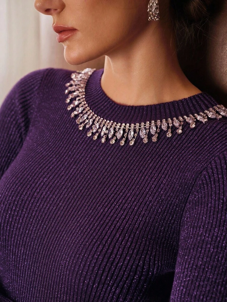 WOMEN'S RHINESTONE DECOR ROUND NECK FLARED SLEEVE KNITTED MINI DRESS, AUTUMN/WINTER