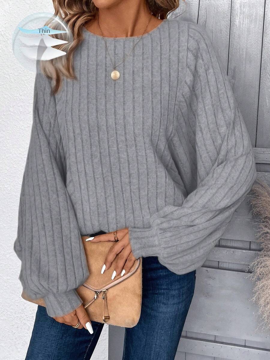 EMERY ROSE Apricot Fuzzy Ribbed Women Long Sleeve Sweatshirt,Fall - Grey - View 1