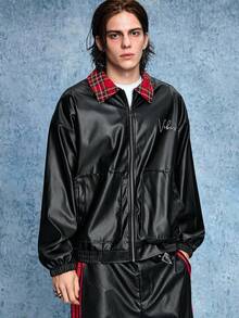 ROMWE MEN Street Life Men's Long Sleeve Casual Fashion Street Collegiate Style Letter Embroidery Plaid Patchwork Lapel Zip-Up PU Leather Jacket, Autumn - Black - View 6