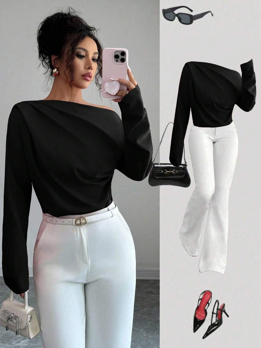 Elenzga Áo cánh dài tay xếp nếp lệch vai mới thu đông dành cho nữ - màu đen - Xem 1