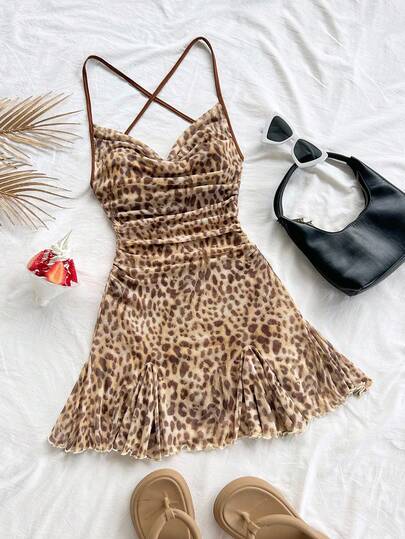 Soleia Women's Vacation Spaghetti Strap Mini Dress, Draped Neck, Backless, Tie Bow, Fishtail, Sexy Style, Mini Dress, Tea Length, Shopping, Romantic, Date, Beach Outfit, Mesh, Young, Girlish Leopard Dress Animal Print Dress Leopard Print
