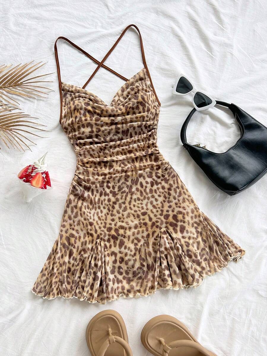 Soleia Vestido mini de tirantes finos para vacaciones de mujer, con cuello drapeado, espalda descubierta, lazo, cola de pez, estilo sexy, vestido mini, longitud té, compras, romántico, cita, atuendo de playa, malla, joven, femenino - Multicolor - Ver 1