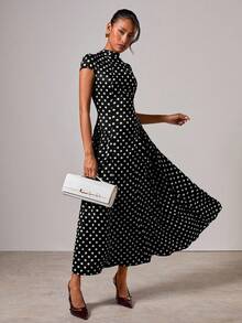COSMINA 女式休闲波尔卡圆点印花A字连衣裙，夏季 - 黑色 - 查看 6