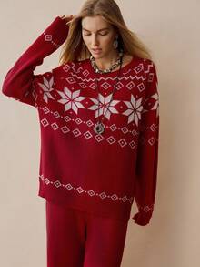 Florisole Geo Pattern Sweater & Knit Pants Without Belt - Red - View 5