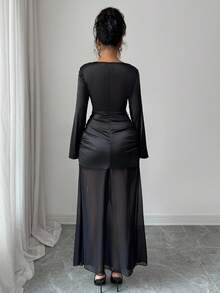 Rafferiza Damen elegantes Chiffon-Kleid mit Rüschen, Schlitz und langen Ärmeln, glänzende Oberfläche, schwarze Farbe für Winterpartys