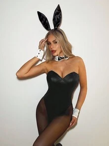 SHEIN ICON Women's Sexy Avant-Garde Bold Halloween COS Costume Bunny Girl Black Knitted Leather Slim Tube Top Bodysuit