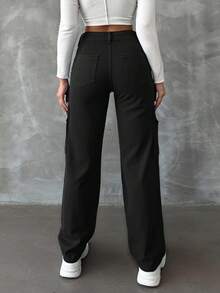 RueChic 100%Cotton Solid Flap Pocket Cargo Jeans - Black - View 2