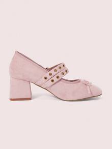 CUCCOO DOLLMOD Pantofi Mary Jane cu toc gros și elastic, stil retro francez, roz, din piele întoarsă, cu baretă dublă și fiolă, model retro, cu fundă - Roz - Vizualizare 9