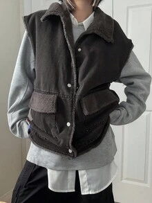 FRIFUL 女式拼布羊羔绒牛仔背心夹克背心 - 黑色 - 查看 5