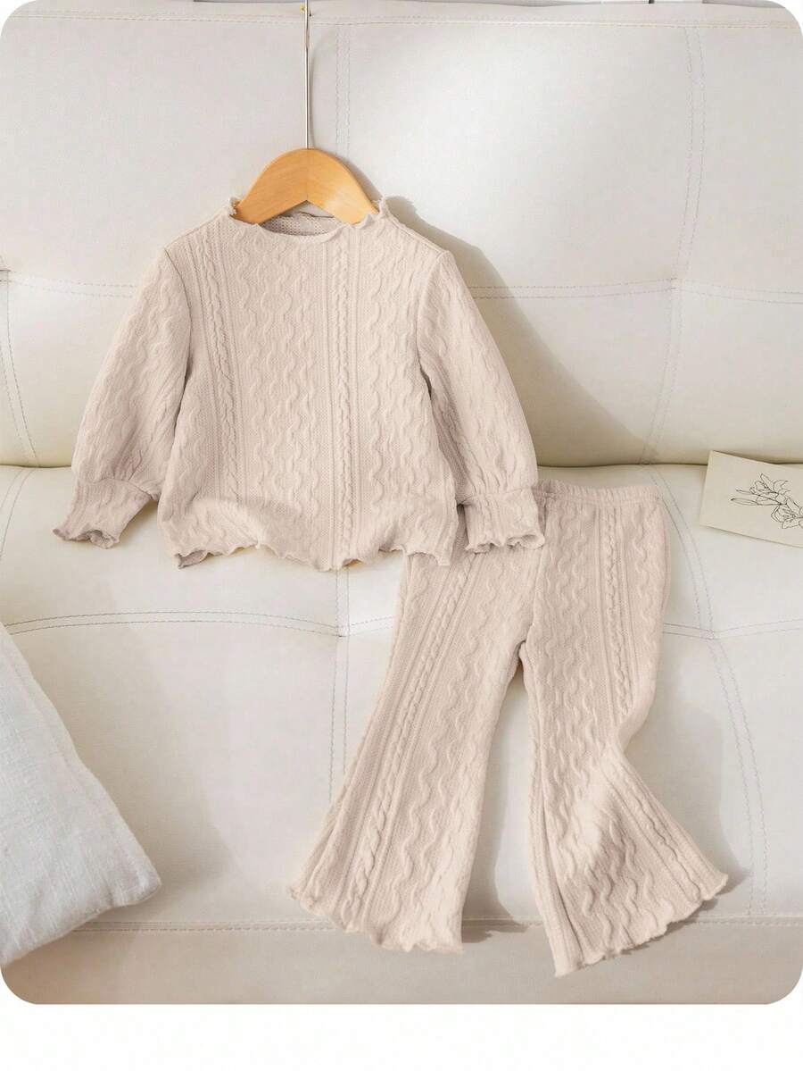 SHEIN Babygirl 秋冬可爱杏色荷叶边长袖上衣和松紧腰喇叭裤套装 - 杏色 - 查看 1