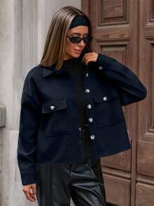 EURMUSE Casual Solid Color Cropped Jacket, Autumn/Winter - Black - View 3