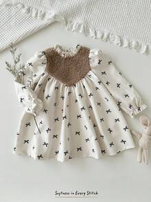 Cozy Pixies Baby Girl Butterfly Pattern Patchwork Fleece Contrast Color Ruffle Collar Long Sleeve Dress Fall Winter