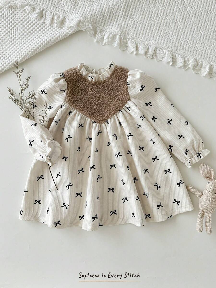 Cozy Pixies Baby Girl Butterfly Pattern Patchwork Fleece Contrast Color Ruffle Collar Long Sleeve Dress Fall Winter
